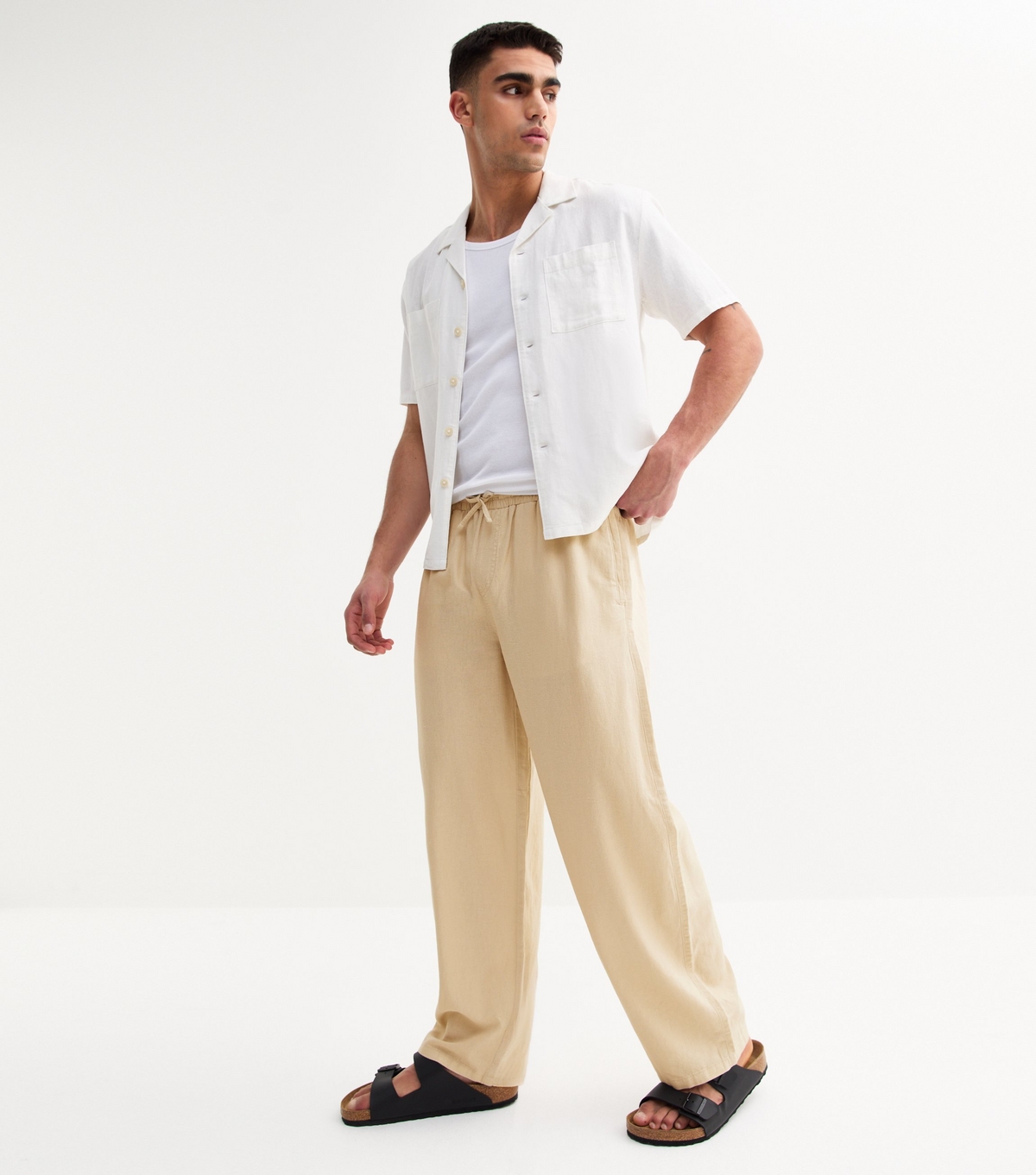 Men's Stone Relaxed Linen Blend Wide Leg Trousers New Look