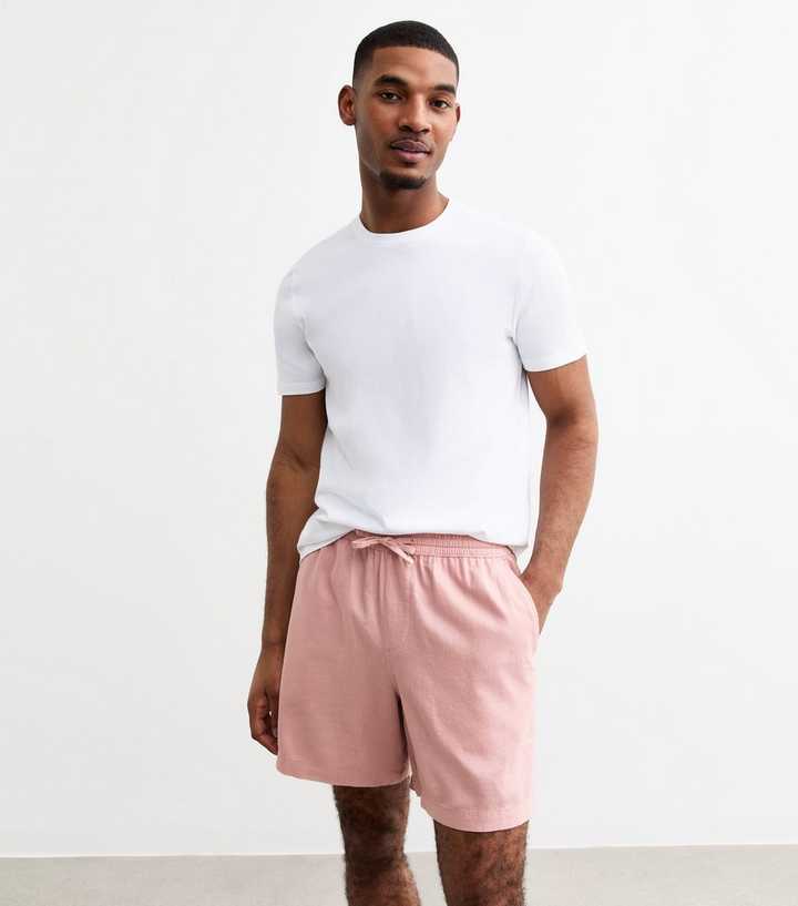 Pink Regular Linen Blend Drawstring Waist Shorts