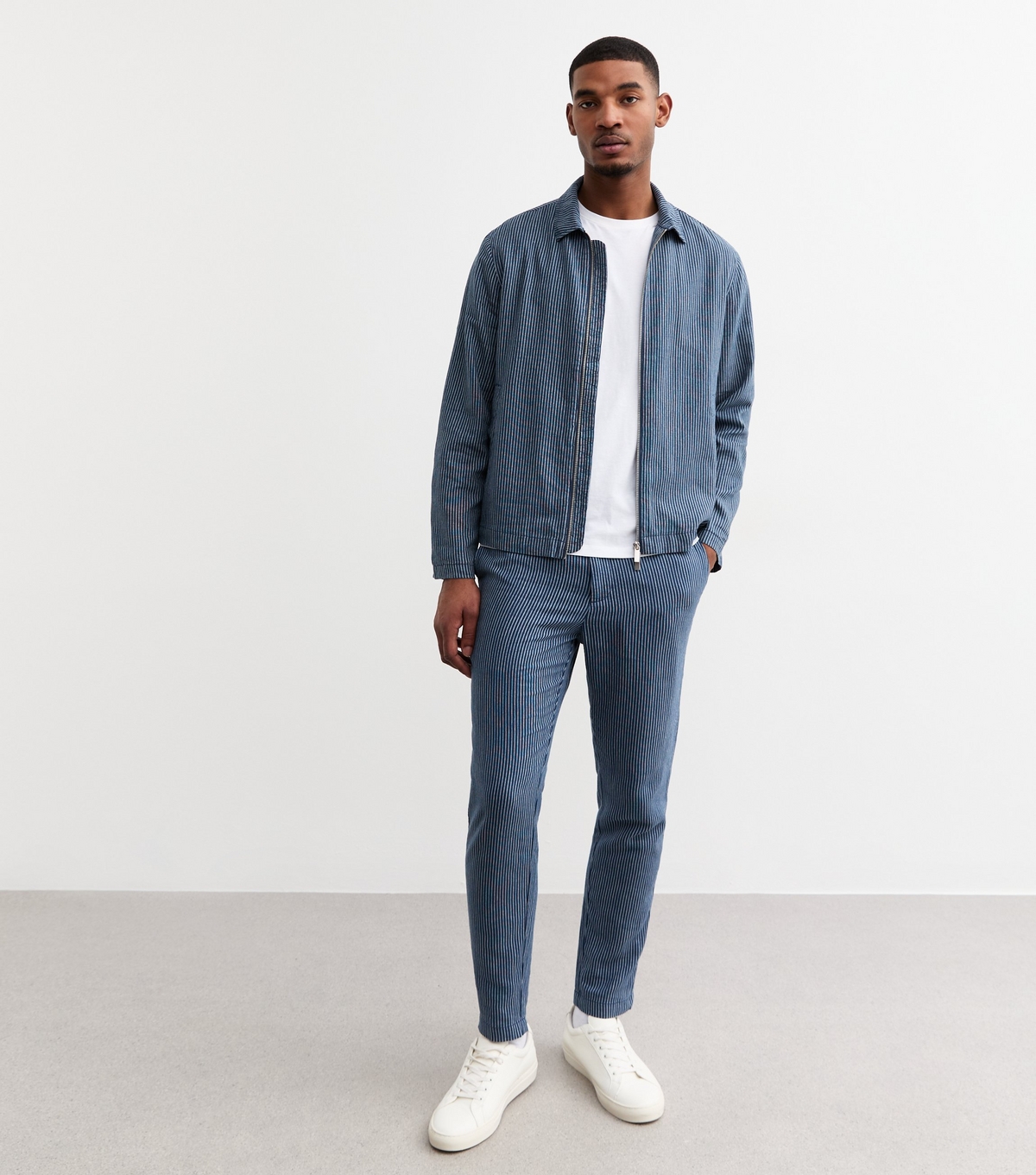 Men's Blue Slim Striped Linen Blend Trousers New Look