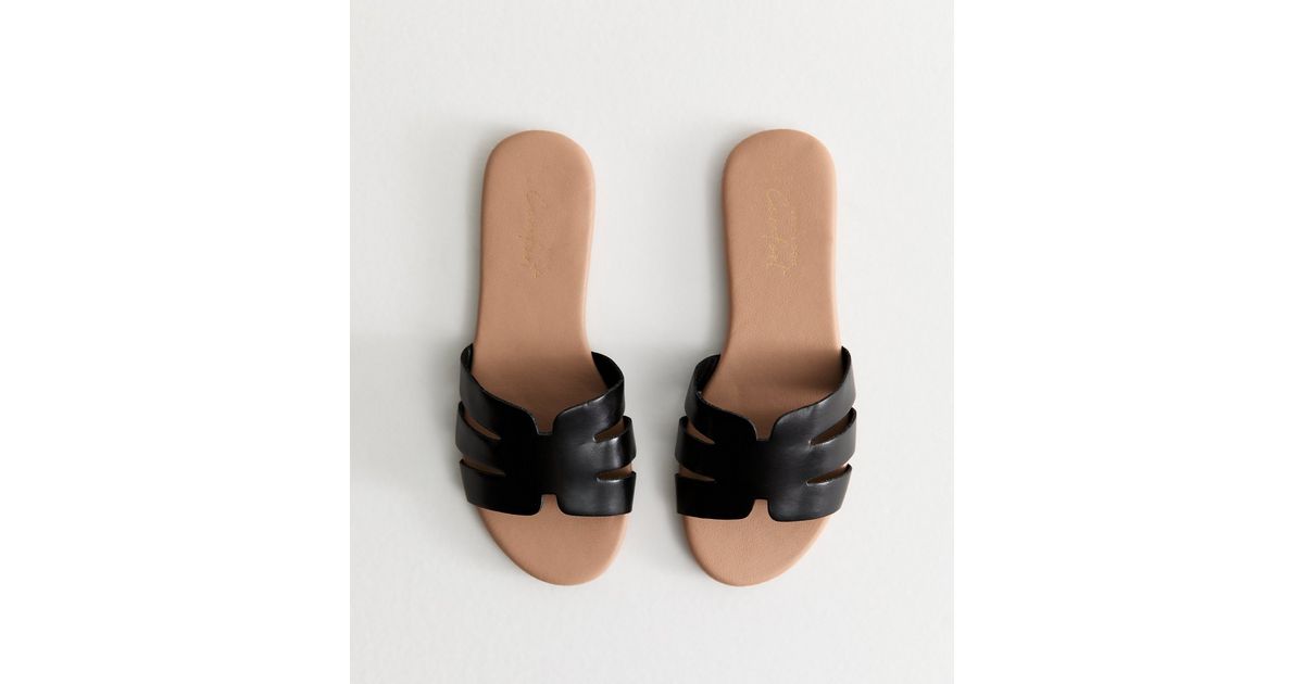 Wide Fit Black Faux Leather Cutout Flat Sandals | New Look