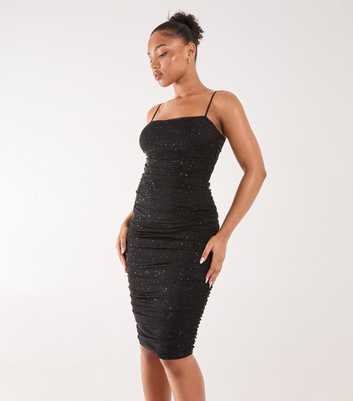 Pink Vanilla Black Ruched Glitter Mesh Midi Dress