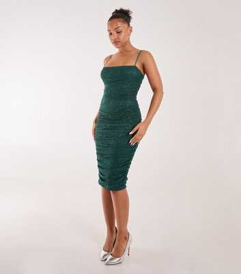 Pink Vanilla Green Ruched Glitter Mesh Midi Dress