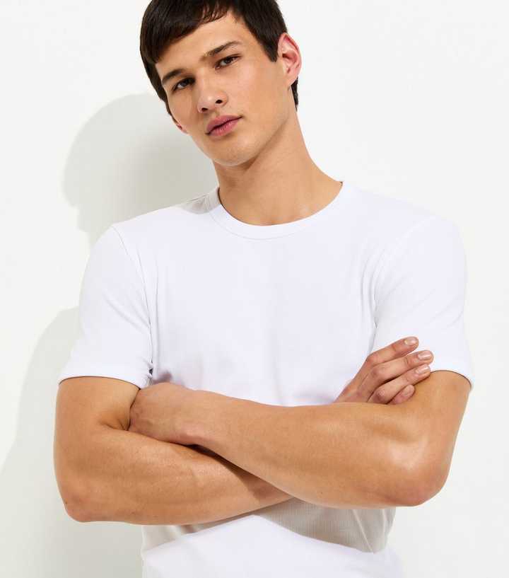 White Muscle Fit Ribbed Jersey T-Shirt