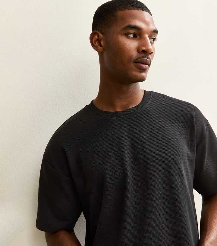 Black Oversized Waffle Texture T-Shirt