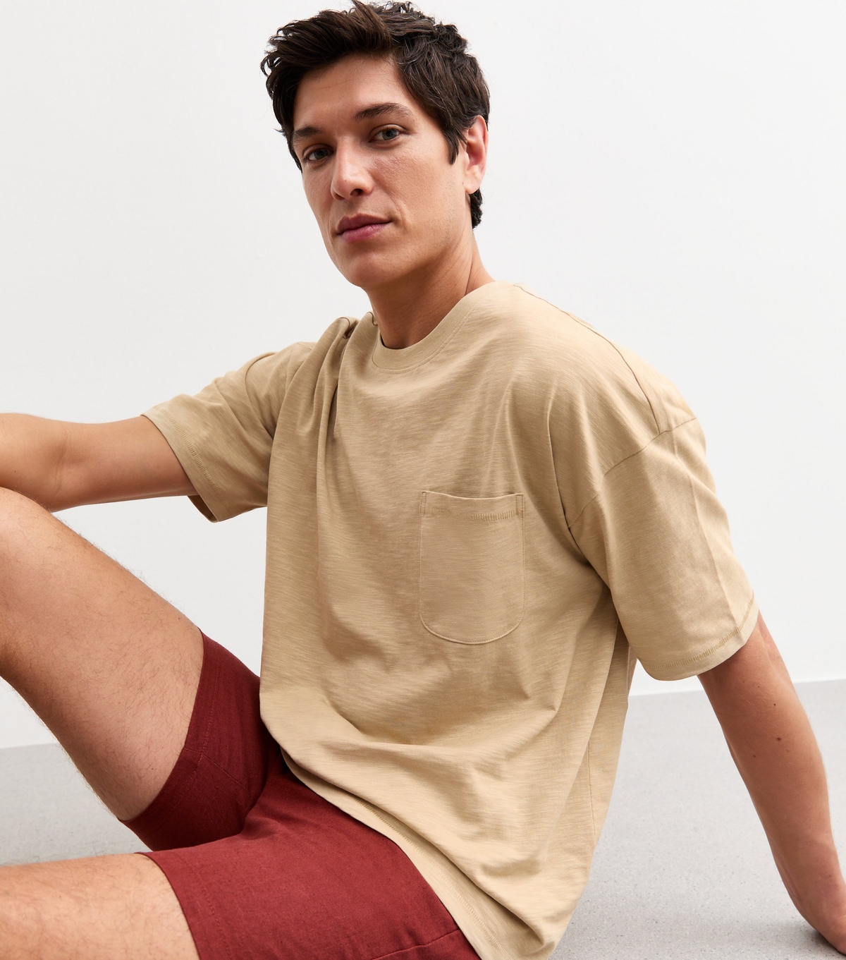 Men's Light Brown Oversized Chest Pocket Jersey T-Shirt New Look
