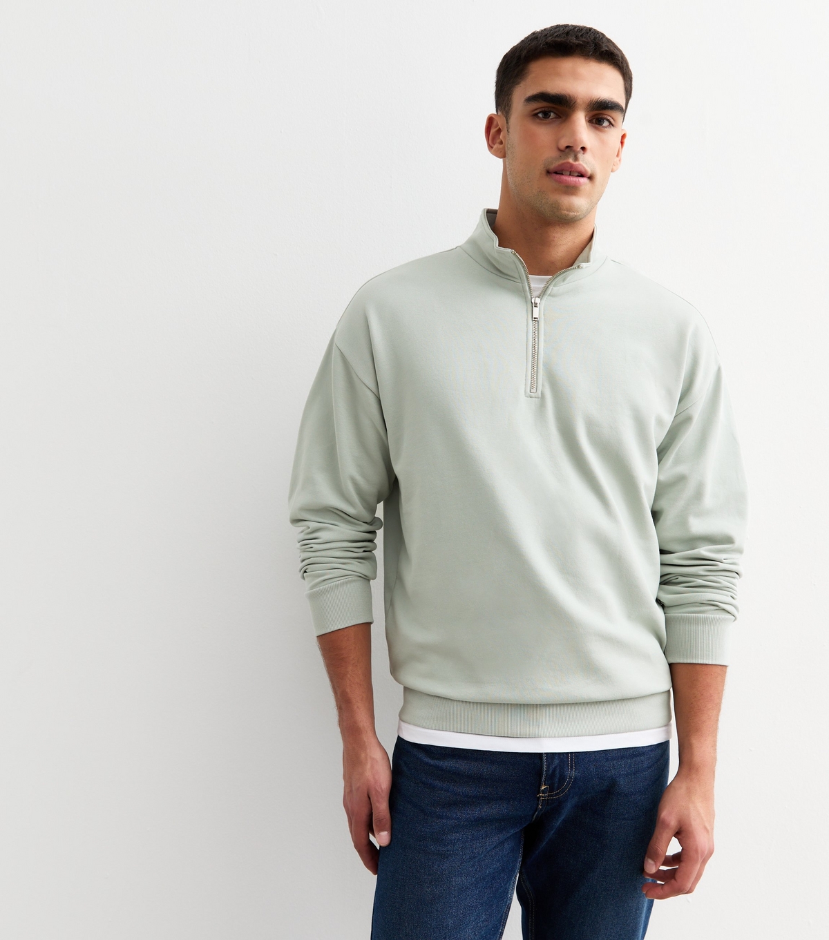 Men's Mint Green Regular Quarter Zip Sweatshirt New Look