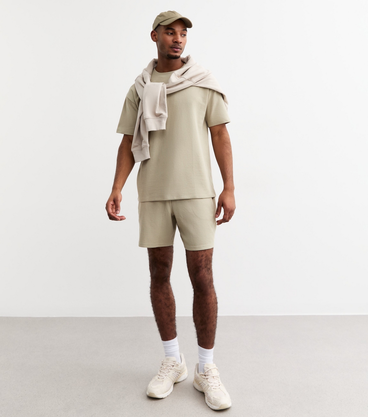 Men's Stone Regular Waffle Jersey Shorts New Look