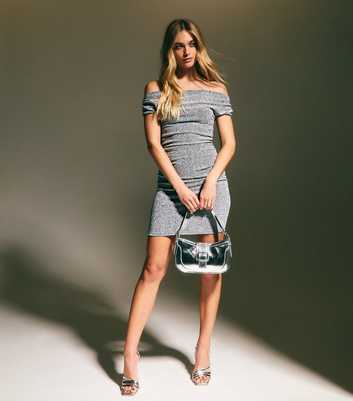 Silver Ruched Metallic Jersey Bardot Mini Dress