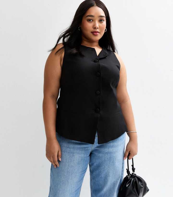 Curves Black Linen Blend Crew Neck Waistcoat
