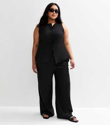 Curves Black Linen Blend Wide Leg Trousers