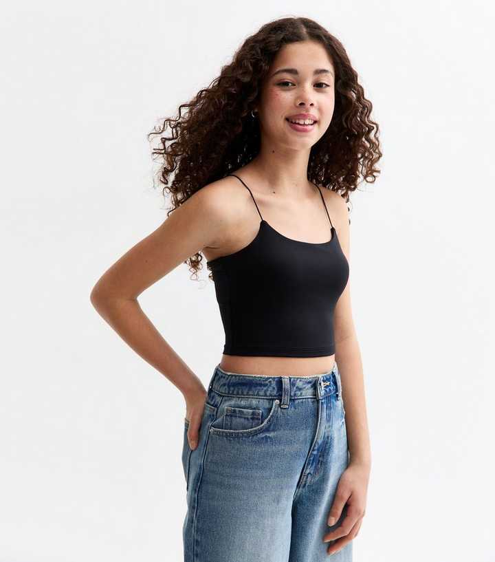 Girls Black Spaghetti Strap Cropped Cami Top New Look