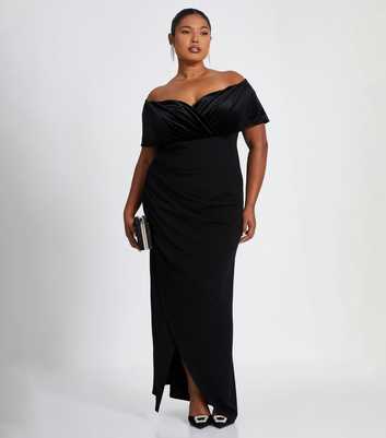 QUIZ Curves Black Velvet Bardot Maxi Dress