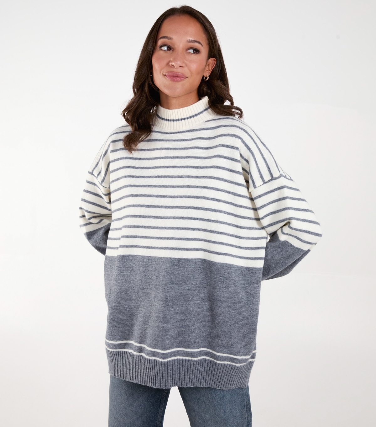 Women's Grey Knit Striped Jumper Blue Vanilla New Look