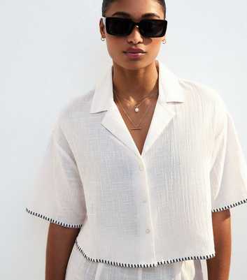 Cream Textured Blanket Stitch Cropped Beach Shirt 