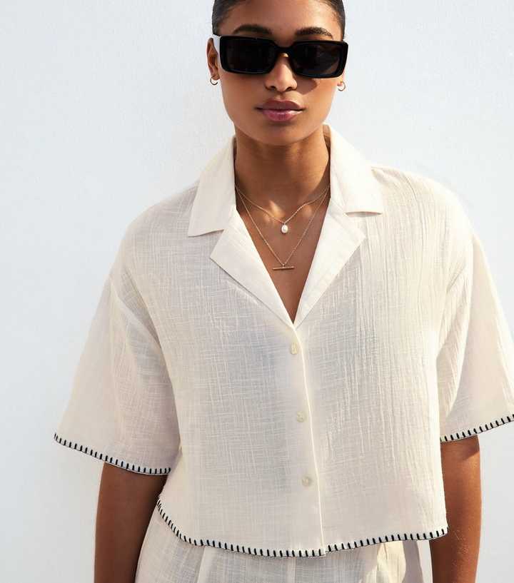 Cream Textured Blanket Stitch Cropped Beach Shirt 