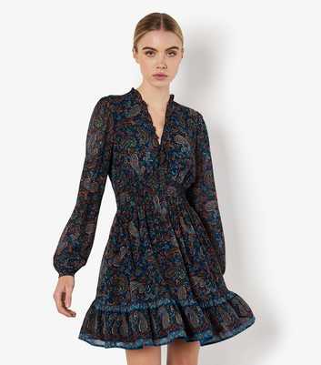 Apricot Navy Paisley Print Ruffle Mini Dress