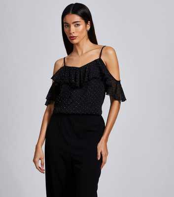 QUIZ Black Embroidered Frill Trimmed Chiffon  Top