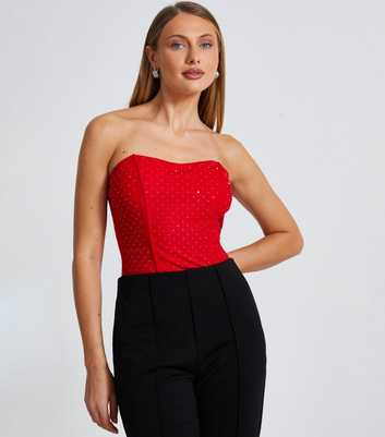 QUIZ Red Stud Embellished Mesh Bodysuit