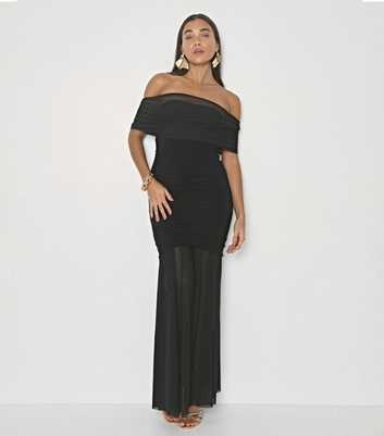 WKNDGIRL Black Mesh Bardot Maxi Dress