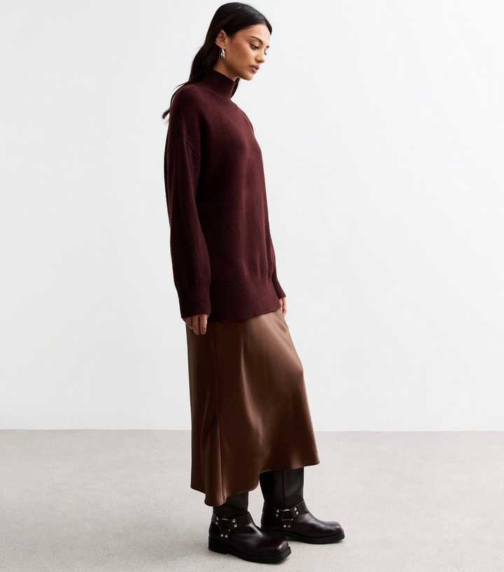 Brown Textured Satin Midi Slip Skirt