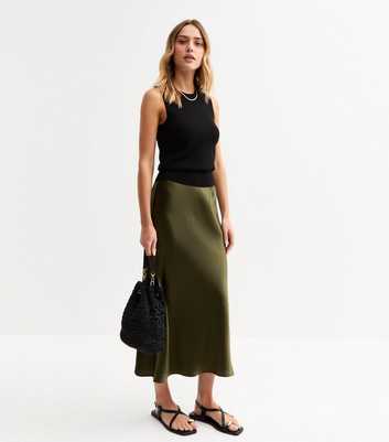 Khaki Textured Satin Midi Slip Skirt