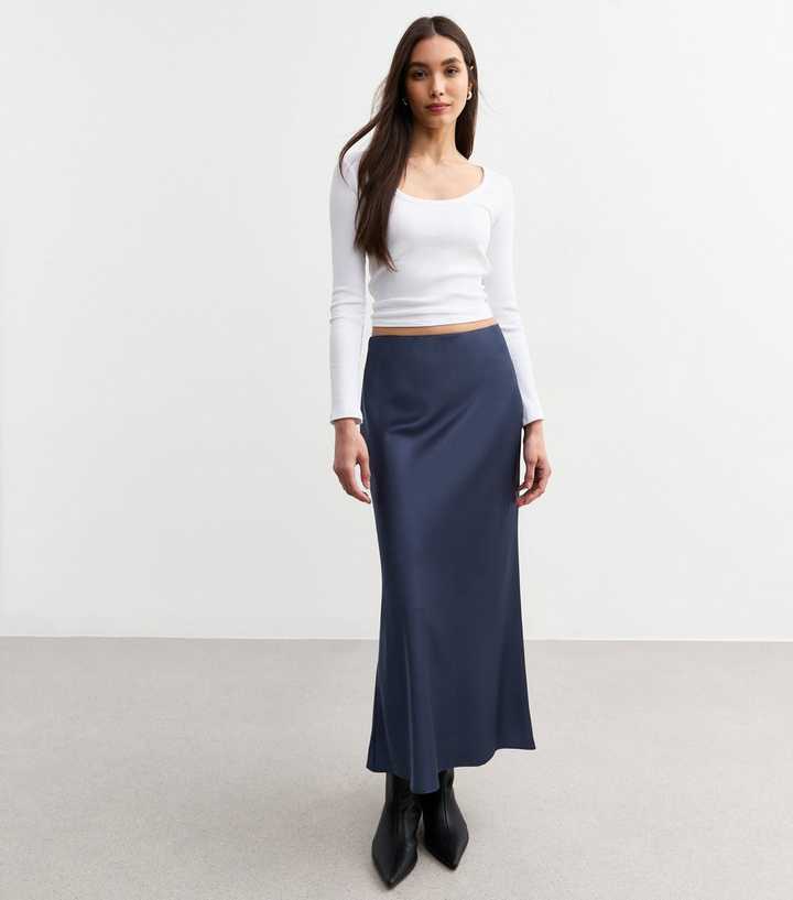 Navy Textured Satin Midi Slip Skirt