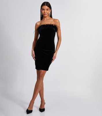 QUIZ Black Feather Velvet Mini Dress