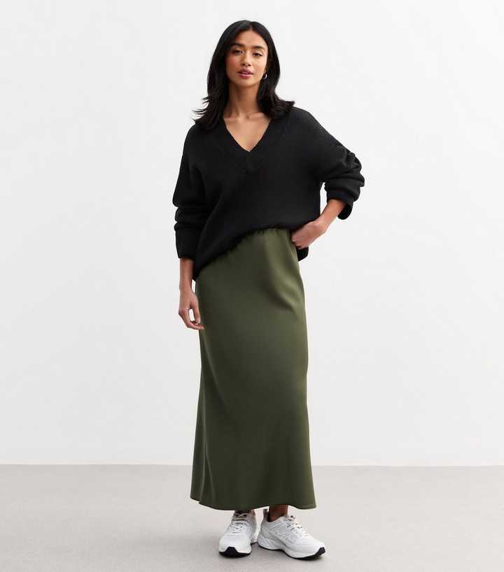 Petite Khaki Satin Midi Skirt New Look