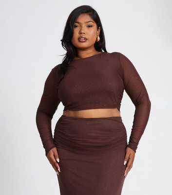 QUIZ Curves Brown Glitter Mesh Crop Top 