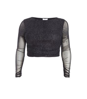 QUIZ Curves Black Glitter Mesh Crop Top New Look