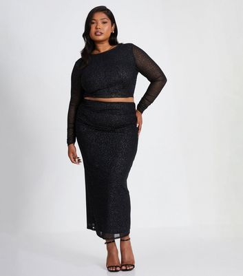 QUIZ Curves Black Glitter Mesh Midi Skirt