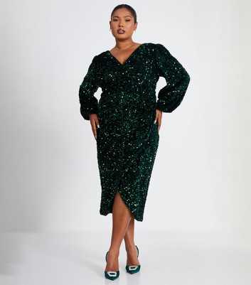 QUIZ Curves Green Sequin Wrap Midi Dress