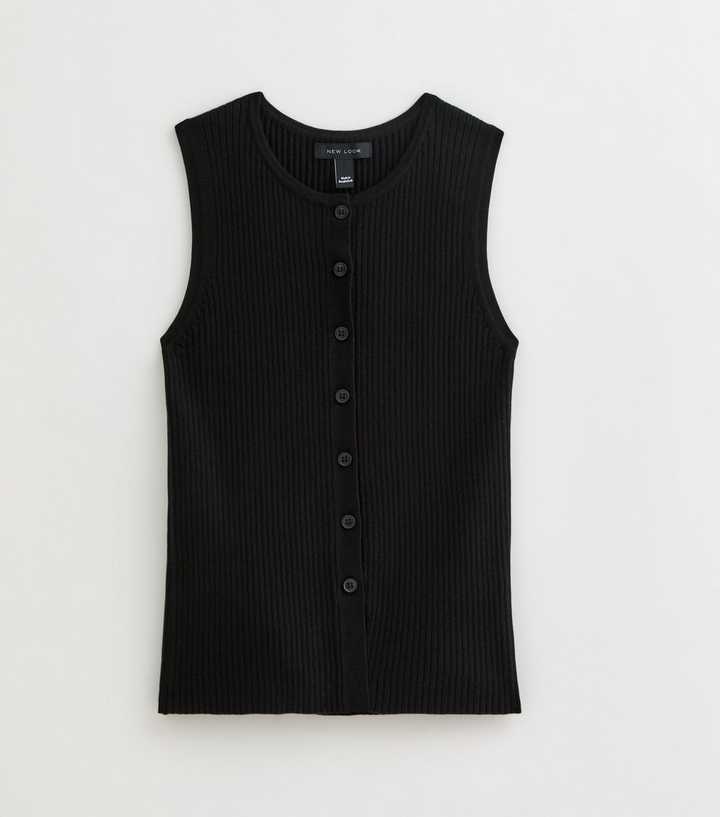 Black Rib Knitted Button Up Vest