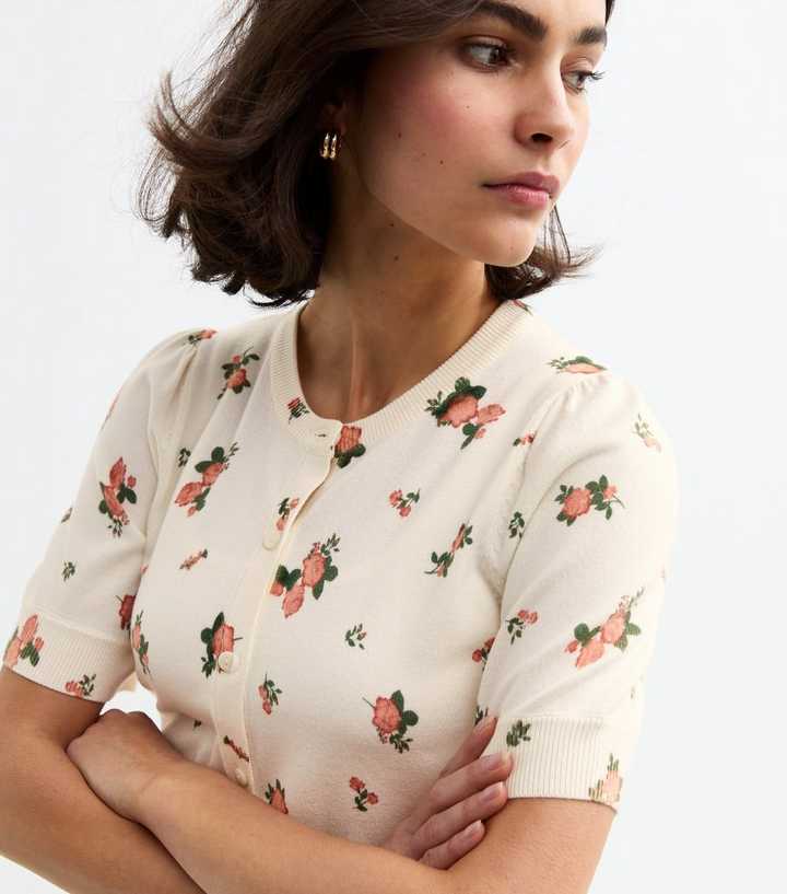 Cream Floral Print Short Sleeve Cardigan