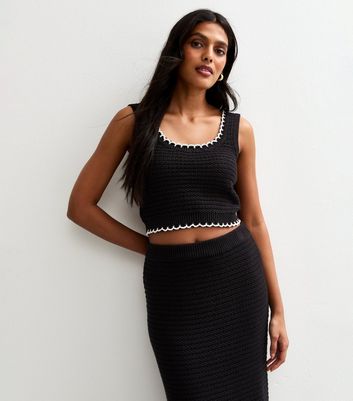 Black Contrast Trim Blanket Stitch Knitted Vest New Look