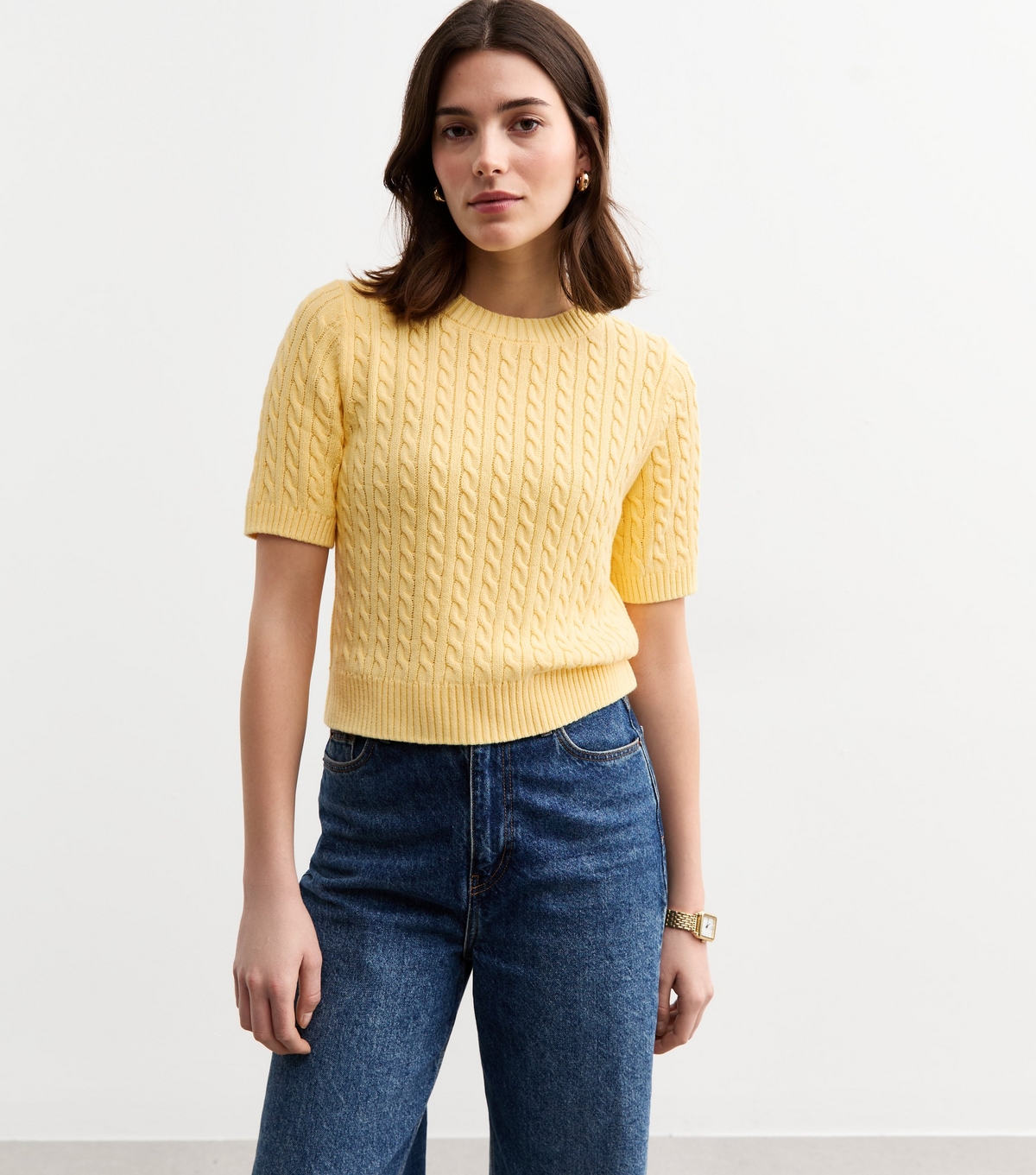 Women's Yellow Cable Knit Crew Neck Top New Look