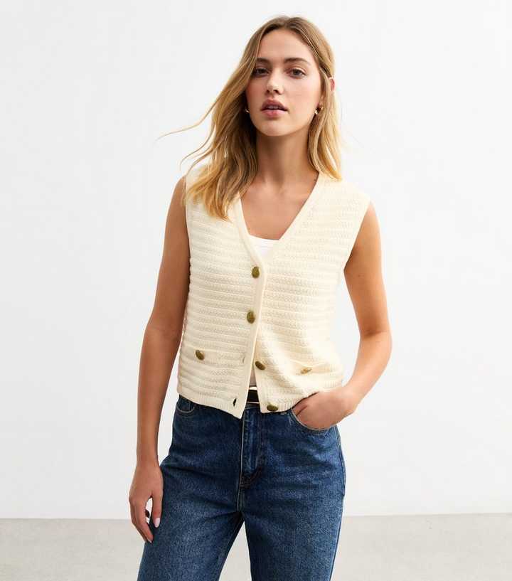 Cream Stitch Detail V-Neck Knitted Waistcoat