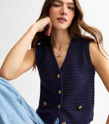 Navy Stitch Detail V-Neck Knitted Waistcoat