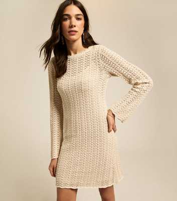 Cream Shimmer Open Knit Mini Dress