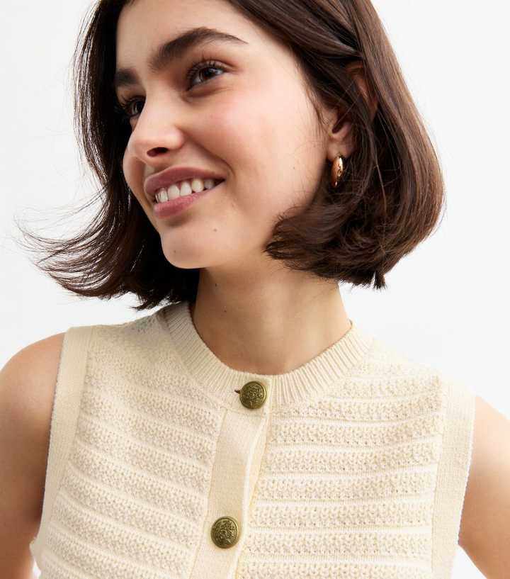 Cream Textured Knit Button Up Vest
