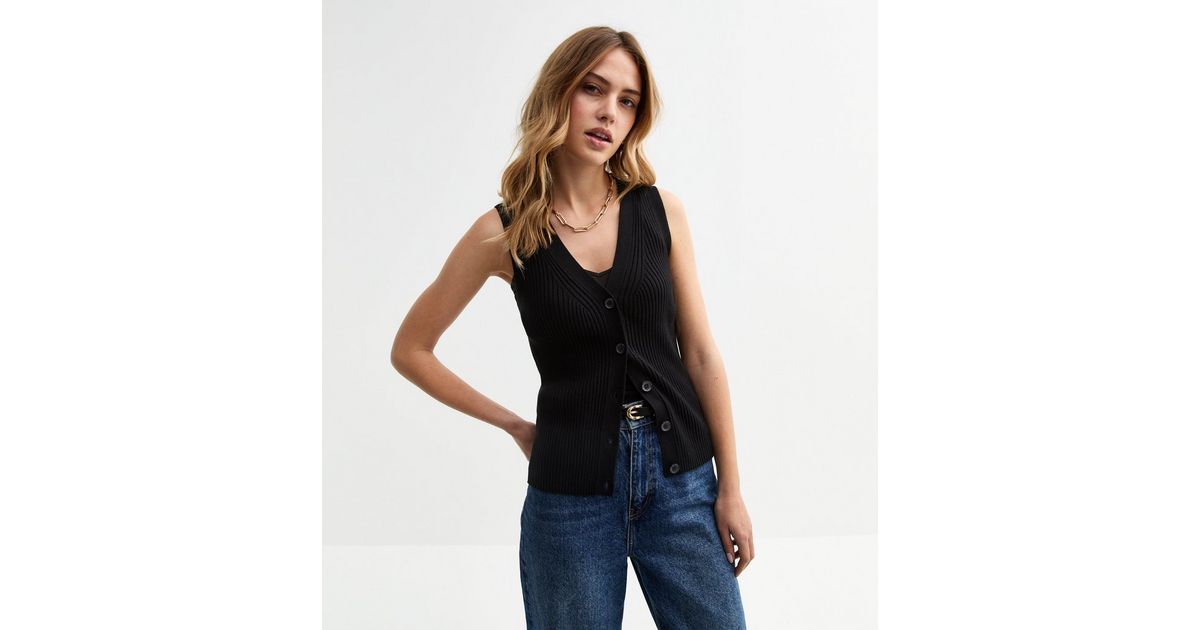 Black Ribbed Knitted Button Front Vest New Look