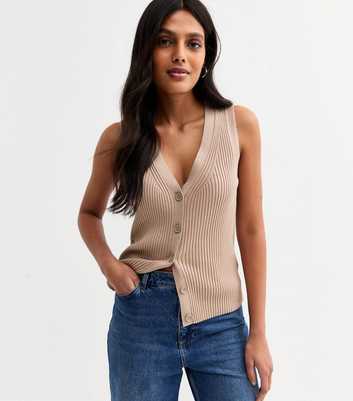 Mink Ribbed Knitted Button Front Vest
