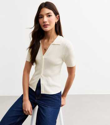 Cream Ribbed Polo Top