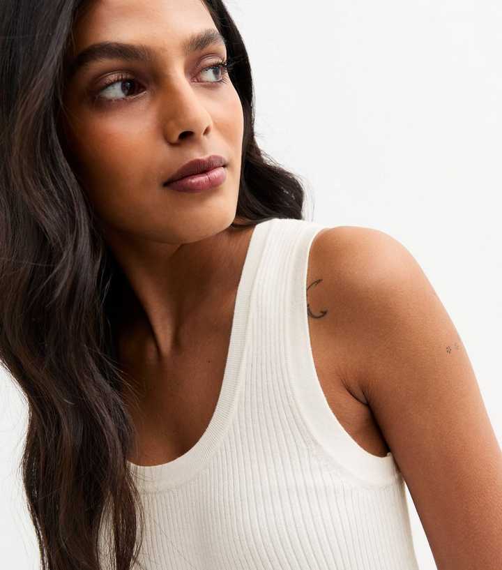White Ribbed Scoop Neck Lightweight Knit Vest