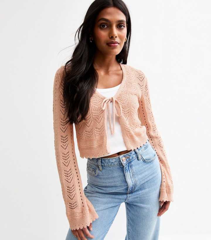 Light Pink Shimmer Stitch Open Knit Tie Front Cardigan