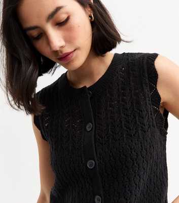 Black Open Knit Button Up Waistcoat