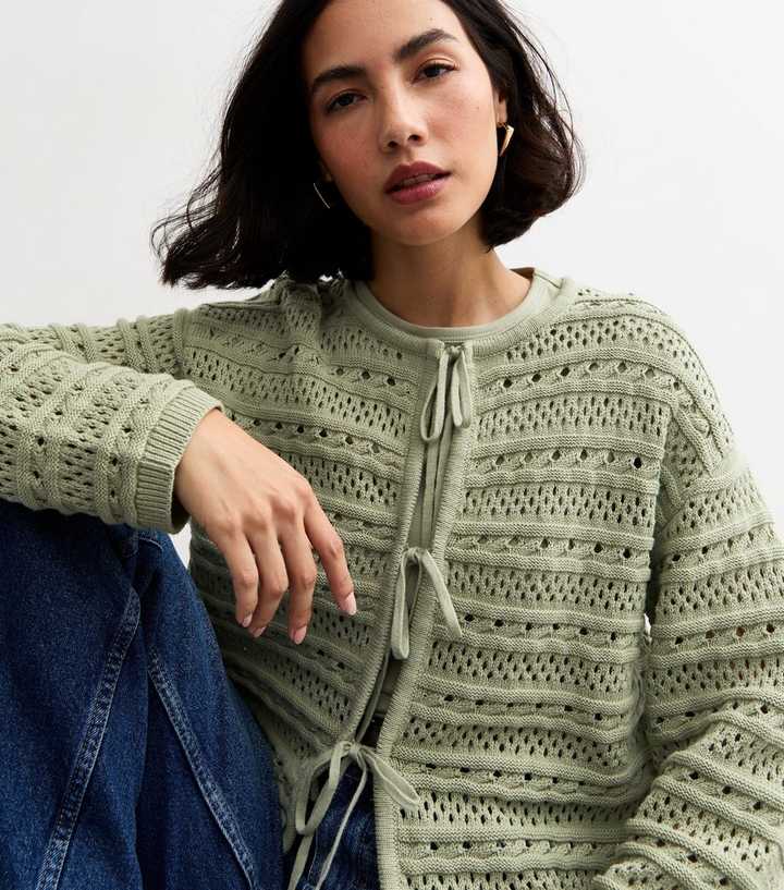 Light Green Open Knit Double Tie Front Cardigan