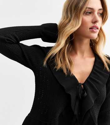 Black Frilly Trim Tie Front Pointelle Cardigan