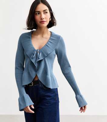 Blue Frilly Trim Tie Front Pointelle Cardigan