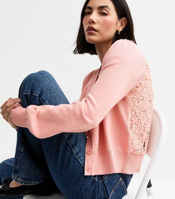 Pink Knitted Lace Back Cardigan